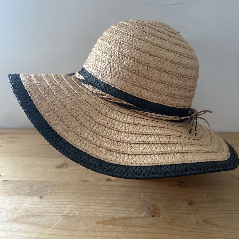 Marcus Adler Sunhat Black & Beige Paper Straw Floppy Wide Brim Hat Beach 57 cm